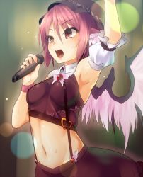Rule 34 | 1girl, adapted costume, alternate costume, animal ears, arm up, armpits, ayagi daifuku, bad id, bad twitter id, bird wings, blush, breasts, detached sleeves, feathered wings, hat, idol, inactive account, microphone, midriff, music, mystia lorelei, navel, open mouth, pink hair, puffy sleeves, red eyes, shirt, short hair, short sleeves, singing, skirt, small breasts, smile, solo, sparkle, suspenders, sweat, touhou, wings, wrist cuffs, wristband