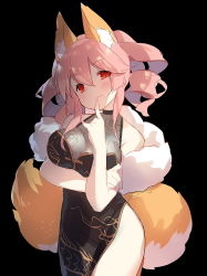 Rule 34 | 10s, 1girl, alternate costume, alternate hairstyle, animal ears, bare arms, bare shoulders, black background, black dress, breast hold, breasts, china dress, chinese clothes, cleavage, closed mouth, commentary request, cowboy shot, dress, drill hair, fate/extra, fate (series), finger to mouth, fox ears, fox tail, hand on own arm, head tilt, index finger raised, large breasts, long hair, looking at viewer, pelvic curtain, pink hair, red eyes, saru, see-through, shawl, simple background, sketch, sleeveless, sleeveless dress, slit pupils, smile, solo, standing, tail, tamamo no mae (fate/extra), thighs, twin drills, twintails