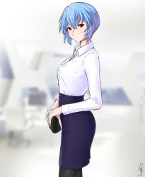 Rule 34 | 1girl, ayanami rei, bag, black pantyhose, blue skirt, blurry, blurry background, blush, breasts, casual, collared shirt, commentary, cowboy shot, depth of field, dress shirt, fashion, hair between eyes, handbag, holding, holding bag, j adsen, light smile, long sleeves, looking at viewer, looking to the side, medium breasts, medium skirt, neon genesis evangelion, pantyhose, pencil skirt, shirt, short hair, signature, skirt, solo, standing, white shirt, wing collar
