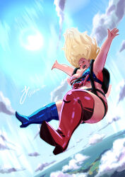 Rule 34 | 1girl, akina bbw, american flag, american flag print, armpits, artist name, asymmetrical legwear, blonde hair, blue sky, blush, boots, bow, breasts, character request, cloud, cloudy sky, commentary request, copyright request, day, falling, flag print, floating hair, full body, high heels, highres, horizon, jpeg artifacts, knee boots, large breasts, long hair, open hands, open mouth, outdoors, outstretched arms, parachute, plump, red bow, red lips, sidelighting, sky, skydive, solo, thick arms, thick thighs, thigh boots, thighhighs, thighs, twitter username