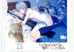 Rule 34 | 1girl, absurdres, accuracy international, anti-materiel rifle, bed, breasts, dog, fuyuno haruaki, gun, highres, large breasts, lying, nipples, red eyes, rifle, sniper rifle, solo, fuyuno haruaki, thigh strap, weapon, white hair, wolf