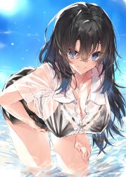 Rule 34 | 1girl, absurdres, bad id, bad twitter id, black bra, black hair, black skirt, blue eyes, blush, bra, breasts, cleavage, closed mouth, collarbone, commentary request, day, hand on own thigh, highres, kou mashiro, large breasts, leaning forward, long hair, looking at viewer, messy hair, mole, mole under eye, original, outdoors, see-through, shirt, skirt, sky, smile, solo, standing, underwear, wading, water, wet, wet clothes, wet hair, wet shirt, white shirt