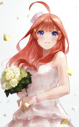 Rule 34 | 1girl, :d, ahoge, bare shoulders, blue eyes, blunt bangs, blush, bouquet, closed mouth, commentary request, confetti, dress, floral print, flower, go-toubun no hanayome, hair ornament, highres, holding, holding bouquet, ishiyuki, long hair, looking at viewer, nakano itsuki, open mouth, pink hair, revision, simple background, smile, solo, star (symbol), star hair ornament, tearing up, tears, wedding dress, white background