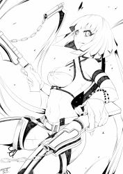 Rule 34 | 1girl, 2015, armlet, bad id, bad pixiv id, bare shoulders, breasts, cleavage, cleavage cutout, clothing cutout, criss-cross halter, dated, emerald sustrai, greyscale, halterneck, halterneck, highres, looking at viewer, medium breasts, midriff, monochrome, navel, rwby, short hair, simple background, smile, solo, stomach, stormcow, weapon, white background