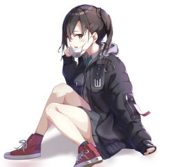 Rule 34 | 1girl, aotsuki kaoru, black eyes, black hair, commentary request, converse, full body, green necktie, grey skirt, hair between eyes, highres, idolmaster, idolmaster cinderella girls, jacket, lace, long hair, long sleeves, looking to the side, mask, mask pull, mole, mole under eye, mouth mask, necktie, open mouth, parka, red footwear, school uniform, shirt, shoes, sitting, skirt, sleeves past wrists, sneakers, solo, sunazuka akira, surgical mask, teeth, twintails, white background, zipper