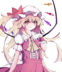 Rule 34 | 1girl, aged up, alternate hair length, alternate hairstyle, arm garter, ascot, bad id, bad pixiv id, blonde hair, bow, dress, flandre scarlet, hat, hat bow, long hair, puffy short sleeves, puffy sleeves, red dress, red eyes, satou (3366 s), short sleeves, side ponytail, smile, solo, touhou, white background, wings, wrist cuffs