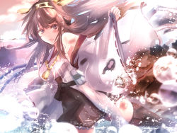 Rule 34 | 10s, 1girl, bare shoulders, brown hair, burnt clothes, detached sleeves, double bun, hair ornament, hairband, headgear, japanese clothes, kantai collection, kongou (kancolle), long hair, nontraditional miko, open mouth, personification, skirt, solo, thighhighs, truth (redeye19)
