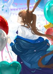 Rule 34 | 1girl, absurdres, amiya (arknights), animal balloon, animal ears, arknights, balloon, blue eyes, blue jacket, blurry, brown hair, bunting, chinese commentary, commentary request, confetti, eza (yowza), falling petals, from behind, heart balloon, highres, jacket, jewelry, long hair, long sleeves, looking up, off shoulder, parted lips, petals, ponytail, rabbit ears, ring, shirt, smile, solo, very long hair, white shirt