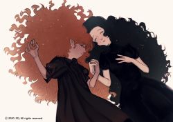 Rule 34 | 2girls, big hair, black dress, black hair, blush, brown hair, closed eyes, dress, earrings, english text, highres, holding hands, jewelry, long hair, looking at viewer, multiple girls, original, pointy ears, profile, short sleeves, simple background, toktin zq, white background