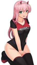 Rule 34 | 1girl, :d, black shirt, black thighhighs, collarbone, darling in the franxx, fang, green eyes, hair between eyes, hairband, highres, horns, kneeling, long hair, looking at viewer, naked shirt, open mouth, pink hair, print shirt, shirt, shirt tug, short sleeves, simple background, smile, solo, sonzai soumei, straight hair, thighhighs, white background, white hairband, zero two (darling in the franxx)