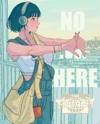 Rule 34 | 1girl, bag, blue hair, blue overalls, cityscape, cloud, cloudy sky, commentary, crop top, cropped legs, flexing, headphones, highres, holding, holding bag, interlocked fingers, negio tnm, original, overalls, short hair, shoulder bag, sky, solo, standing