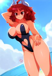 Rule 34 | 1girl, absurdres, beach, breasts, cloud, demon girl, demon horns, groin, hand on own hip, highres, horns, la pucelle, large breasts, light, looking at viewer, maou prier, meiwakunaa, navel, ocean, pointy ears, prier, red eyes, red hair, sand, sky, smile, solo, stomach, sun, thighs, water