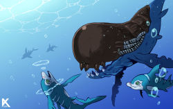 Rule 34 | blue skin, closed mouth, colored skin, dark skin, digimon, digimon (creature), dolphin, fish, from side, green eyes, kasuga (24628), no humans, open mouth, rukamon, sharp teeth, signature, smile, teeth, underwater, water, whale, whamon