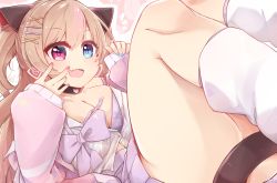Rule 34 | 1girl, animal ears, animal print, black choker, blue eyes, blue nails, blush, breasts, cat ears, cat print, cat tail, choker, cleavage, collarbone, earrings, fang, girls&#039; frontline, hair between eyes, hair ornament, hairclip, hands up, heart, heart choker, heart earrings, heterochromia, highres, jacket, jewelry, knees up, large breasts, lavender bra, lavender ribbon, lavender skirt, legs together, light brown hair, long hair, long sleeves, looking at viewer, lying, mk23 (girls&#039; frontline), multicolored hair, nail polish, on back, paw print, pink background, pink eyes, pink hair, pink jacket, pink nails, pleated skirt, shirt, single bare shoulder, skin fang, skirt, sleeves past wrists, smile, solo, starblame, strap slip, streaked hair, tail, tail censor, thighs, tongue, two-tone background, untied, white background, white shirt, wide sleeves, x hair ornament