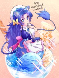 Rule 34 | animal ears, apron, blue eyes, blue gloves, blue hair, bow, commentary request, cure gelato, food, gloves, hair bow, highres, ice cream, kirakira precure a la mode, kyoutsuugengo, lion ears, lion girl, lion tail, magical girl, parted bangs, ponytail, precure, sitting, tail, tategami aoi, waitress, white bow, white headwear