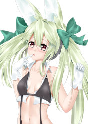 Rule 34 | 1girl, absurdres, animal ear fluff, art556 (girls&#039; frontline), bad id, bad pixiv id, blush, bow, breasts, collarbone, finger to mouth, girls&#039; frontline, gloves, green bow, green hair, grey eyes, hair bow, heart, heart-shaped pupils, highres, kong lang (skywave), looking at viewer, medium breasts, navel, smile, solo, symbol-shaped pupils, tongue, tongue out, upper body, white gloves