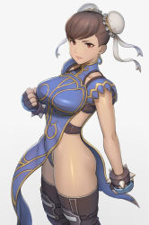 Rule 34 | &gt;:), 1girl, adapted costume, bare arms, black gloves, black thighhighs, blue leotard, bracelet, breasts, brown eyes, brown hair, bun cover, capcom, chun-li, clenched hands, closed mouth, earrings, fingerless gloves, frills, gloves, grey background, jewelry, large breasts, leotard, light smile, looking at viewer, noppo (tarstation), official alternate costume, pelvic curtain, short hair, simple background, sleeveless, smile, solo, spiked bracelet, spikes, standing, street fighter, tabard, thighhighs, thighs, v-shaped eyebrows
