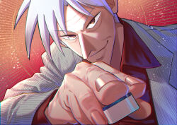 Rule 34 | 1boy, absurdres, akagi shigeru, blazer, brown eyes, closed mouth, commentary request, dutch angle, fingernails, fukumoto mahjong, highres, holding, holding mahjong tile, jacket, looking at viewer, mahjong, mahjong tile, male focus, medium bangs, old, old man, pointy nose, red background, short hair, smile, solo, striped clothes, striped jacket, sunburst, sunburst background, tachihiro1000, ten (manga), upper body, white hair, white jacket