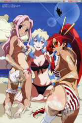 Rule 34 | 00s, 3girls, absurdres, adjusting clothes, adjusting swimsuit, ass, asymmetrical clothes, barefoot, beach, bikini, blush, boota (ttgl), breasts, cleavage, darry adai, day, earrings, feet, food, glasses, highres, ice cream, jewelry, kneeling, kojima hirokazu, large breasts, long hair, looking back, medium breasts, megami magazine, mouth hold, multiple girls, nia teppelin, ocean, official art, one-piece tan, open mouth, outdoors, panties, pink hair, ponytail, popsicle, red hair, sand, sideboob, single thighhigh, sitting, soles, striped bikini, striped clothes, striped panties, sunglasses, swimsuit, tan, tanline, tengen toppa gurren lagann, thighhighs, toes, underwear, very long hair, yoko littner