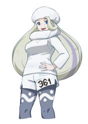 Rule 34 | 1girl, blue eyes, commentary request, creatures (company), earrings, game freak, gym leader, hand on own hip, hat, hsin, jewelry, long hair, melony (pokemon), multicolored hair, nintendo, open mouth, pantyhose, pantyhose under shorts, pokemon, pokemon swsh, scarf, shorts, solo, streaked hair, sweater, teeth, tongue, white background, white hat, white scarf, white sweater