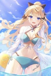 Rule 34 | 1girl, :d, absurdres, bikini, blonde hair, blue eyes, blush, breasts, cloud, cloudy sky, elf, hair ornament, highres, long hair, looking at viewer, open mouth, pointy ears, princess connect!, saren (princess connect!), saren (summer) (princess connect!), sky, smile, swimsuit, water, wet