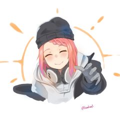 Rule 34 | 1girl, absurdres, black hat, blush, closed eyes, closed mouth, girls&#039; frontline, gloves, grey gloves, hat, headphones, headphones around neck, highres, jacket, kion-kun, long sleeves, multicolored hair, pink hair, purple hair, simple background, smile, solo, two-tone hair, white background