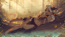 Rule 34 | 1girl, anklet, antlers, barefoot, blurry, blurry background, breasts, commission, dark skin, deer, detached sleeves, forest, horns, jewelry, large areolae, long hair, looking at viewer, lying, medium breasts, nail polish, nature, navel, nipples, on side, original, outdoors, pointy ears, see-through, slit pupils, solo, soranamae, tail, water, white hair, yellow eyes
