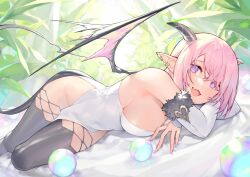 Rule 34 | 1girl, black thighhighs, blush, breasts, demon girl, demon horns, demon tail, demon wings, detached sleeves, dress, ear piercing, fang, hair between eyes, heart, heart-shaped pupils, horns, large breasts, looking at viewer, lying, nail polish, noy, open mouth, original, piercing, pink hair, pink nails, plant, pointy ears, purple eyes, purple hair, short hair, sideboob, solo, symbol-shaped pupils, tail, thighhighs, white dress, wings