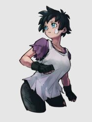 Rule 34 | 1girl, bandaid, bandaid on face, black gloves, black hair, blue eyes, dragon ball, dragonball z, fingerless gloves, gloves, grey background, kemachiku, looking away, looking to the side, short hair, simple background, solo, torn clothes, videl