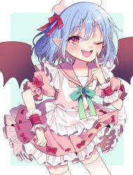 Rule 34 | 1girl, ;d, alternate costume, bat wings, blue background, blue hair, blush, bow, commentary request, dress bow, enmaided, fang, finger to mouth, frills, looking at viewer, maid, maid headdress, nail polish, one eye closed, open mouth, outside border, pointy ears, puffy short sleeves, puffy sleeves, red bow, red eyes, red nails, remilia scarlet, short hair, short sleeves, simple background, smile, solo, touhou, touya (konpekitou), wings, wrist cuffs