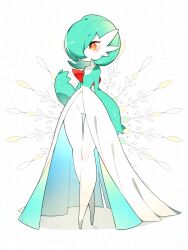 blush bob_cut colored_skin creatures_(company) dress game_freak gardevoir gen_3_pokemon green_hair green_skin hair_over_one_eye highres multicolored_skin nintendo orange_eyes pokemon pokemon_(creature) toconikky two-tone_skin white_dress white_skin