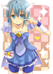 Rule 34 | 1girl, bad id, bad pixiv id, bike shorts, bike shorts under skirt, blue eyes, blue hair, blue skirt, color connection, cosplay, cure beauty, cure beauty (cosplay), earrings, jewelry, kappe reeka, magical girl, mahou shoujo madoka magica, mahou shoujo madoka magica (anime), matching hair/eyes, miki sayaka, precure, short hair, shorts, shorts under skirt, skirt, smile, smile precure!, solo, tiara
