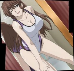 Rule 34 | 1girl, anime screenshot, arisaka hatsune, bent over, breasts, brown hair, cleavage, huge breasts, large breasts, long hair, mirror, one-piece swimsuit, one eye closed, open mouth, screencap, smile, solo, swimsuit, tona-gura!, wink