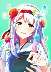 Rule 34 | 10s, 1girl, bad id, bad pixiv id, flower, hair flower, hair ornament, hairband, highres, hirayama toto, japanese clothes, jewelry, kantai collection, long hair, muneate, ring, shoukaku (kancolle), silver hair, smile, yellow eyes