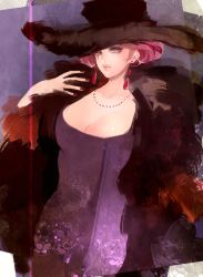 Rule 34 | 00s, 1girl, breasts, earrings, gradient background, hat, hebi, howl no ugoku shiro, jewelry, nail polish, necklace, pink hair, red nails, short hair, solo, studio ghibli, witch, witch of the waste