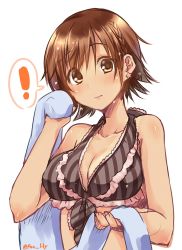 Rule 34 | !, 10s, 1girl, bikini, bikini top only, blush, braid, breasts, brown bikini, brown hair, cleavage, closed mouth, collarbone, dripping, drying, drying hair, earrings, frilled bikini, frills, highres, holding, honda mio, idolmaster, idolmaster cinderella girls, jewelry, large breasts, looking at viewer, paopao, short hair, side braid, simple background, solo, speech bubble, spoken exclamation mark, star (symbol), star earrings, striped bikini, striped clothes, swimsuit, upper body, vertical-striped bikini, vertical-striped clothes, wet, wet hair, white background
