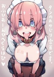 Rule 34 | 1girl, :d, blue eyes, blush, body writing, breasts, breasts apart, cleavage, collar, covered erect nipples, downblouse, dress, ear tag, extended downblouse, highres, maid headdress, no bra, open mouth, original, pink hair, saliva, smile, solo, takagi (tansuke), tansuke, teeth, tongue, tongue out, translation request