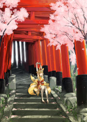Rule 34 | 1girl, animal ears, arms up, bandages, bell, blonde hair, cherry blossoms, closed eyes, eyeshadow, fox, fox ears, fox tail, geta, highres, japanese clothes, jewelry, jingle bell, kimono, kitsune, kyo (kuroichigo), kyuubi, makeup, multiple tails, multiple torii, necklace, obi, original, petals, sarashi, sash, short eyebrows, short hair, short kimono, sitting, sitting on stairs, solo, stairs, stretching, tail, thighhighs, torii, white thighhighs, yawning