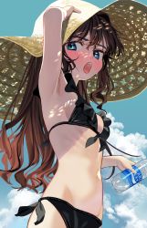 Rule 34 | 1girl, absurdres, arm up, armpits, bare arms, bare shoulders, bikini, black bikini, blue eyes, blue sky, blush, bottle, brand name imitation, breasts, brown hair, cloud, commentary, cowboy shot, day, duplicate, elisia valfelto, female focus, frilled bikini, frills, front-tie bikini top, front-tie top, hair intakes, halterneck, hand on headwear, hat, highres, holding, holding bottle, long hair, looking at viewer, luicent, navel, open mouth, original, outdoors, pocari sweat, side-tie bikini bottom, sideboob, sky, small breasts, solo, stomach, straw hat, string bikini, sun hat, sunlight, swimsuit, teeth, upper teeth only, water bottle