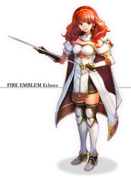 Rule 34 | 1girl, arm guards, armor, black thighhighs, breastplate, cape, celica (fire emblem), detached collar, dress, earrings, fingerless gloves, fire emblem, fire emblem echoes: shadows of valentia, fire emblem heroes, full body, gloves, hair ornament, highres, jewelry, long hair, looking at viewer, nintendo, red armor, red eyes, red hair, revision, simple background, solo, sword, thighhighs, tiara, umipro, weapon, white armor, zettai ryouiki