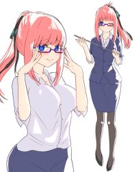Rule 34 | 1girl, :&gt;, :&lt;, arms up, black ribbon, blue eyes, blunt bangs, blush, breasts, butterfly hair ornament, formal, glasses, go-toubun no hanayome, hair ornament, high heels, highres, kurosaki coco, large breasts, long hair, looking at viewer, nakano nino, one eye closed, pantyhose, partially unbuttoned, pencil skirt, pink hair, pointer, ponytail, ribbon, shirt, shirt tucked in, skirt, sleeves rolled up, suit, teacher, v-shaped eyebrows, white shirt