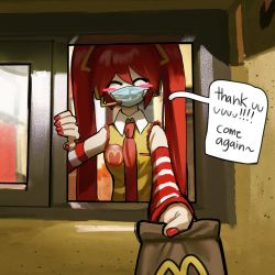 Rule 34 | 1girl, ^ ^, bag, blush, closed eyes, collared shirt, commentary, coronavirus pandemic, detached sleeves, english commentary, english text, francheur, hair between eyes, hatsune miku, highres, holding, holding bag, incoming food, mask, mcdonald&#039;s, mouth mask, necktie, paper bag, pov, red hair, red necktie, shirt, sleeveless, sleeveless shirt, solo, speech bubble, striped sleeves, twintails, vocaloid, yellow shirt