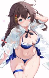 Rule 34 | 1girl, ahoge, bikini, black hair, black ribbon, blue bikini, blue eyes, braid, breasts, calin, cleavage, collared shirt, dress shirt, front-tie bikini top, front-tie top, hair flaps, hair over shoulder, highres, kantai collection, large breasts, long hair, navel, neck ribbon, open clothes, open shirt, ribbon, shigure (kancolle), shigure kai san (kancolle), shirt, side-tie bikini bottom, simple background, single braid, sitting, smile, solo, swimsuit, wet, white background, white shirt