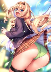 Rule 34 | 1girl, ass, blazer, blonde hair, blue eyes, blue jacket, blue sky, blurry, blurry background, blush, breasts, brown skirt, curly hair, embarrassed, floating hair, green panties, hairband, highres, jacket, large breasts, long hair, looking at viewer, open clothes, open jacket, open mouth, original, outdoors, panties, panties day, piromizu, plaid, plaid skirt, school uniform, shirt, shoudou erena, sidelocks, skindentation, skirt, sky, solo, tearing up, thigh strap, underwear