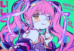 Rule 34 | 1girl, bare shoulders, black nails, blush, bracelet, closed mouth, dated, earrings, eyepatch, green background, hair ribbon, hand up, highres, jewelry, kiato, long hair, long sleeves, looking at viewer, medical eyepatch, nail polish, original, pink hair, ribbon, signature, smile, solo, twintails, upper body, yellow eyes