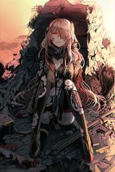 Rule 34 | 2girls, android, assault rifle, black jacket, breasts, cable, cleavage, damaged, detached arm, exposed parts, girls&#039; frontline, gloves, gun, hair between eyes, hair over one eye, headgear, jacket, joints, long hair, looking at viewer, m4 carbine, m4 sopmod ii (girls&#039; frontline), mechanical parts, medium breasts, multicolored hair, multiple girls, open mouth, pink hair, red eyes, red hair, rifle, robot joints, scarf, sidelocks, silence girl, sitting, solo focus, streaked hair, sunset, torn clothes, weapon