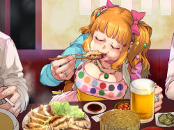 Rule 34 | 10s, 1girl, 2boys, alcohol, beer, beer mug, blunt bangs, blush, booth seating, bow, breasts, cheek bulge, chopsticks, cigarette, cleavage, closed eyes, commentary request, cup, drinking glass, dumpling, earrings, eating, food, food on face, hair bow, hair ornament, hair ribbon, holding, holding chopsticks, holding cup, idolmaster, idolmaster cinderella girls, indoors, jewelry, jiaozi, large breasts, long sleeves, moroboshi kirari, mug, multicolored clothes, multicolored polka dots, multiple boys, necklace, open mouth, orange hair, out of frame, pendant, pickle, plate, plump, polka dot, polka dot shirt, pov across table, ribbon, ring, sakurai energy, shirt, star (symbol), star hair ornament, table, twintails