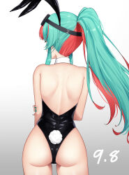 Rule 34 | 1girl, animal ears, aqua hair, aqua nails, ass, back, backless leotard, bare shoulders, cowboy shot, dated, detached collar, fake animal ears, fake tail, gradient background, grey background, hand on own arm, healther, highres, leotard, long hair, multicolored hair, nail polish, original, playboy bunny, ponytail, rabbit ears, rabbit tail, red hair, sidelocks, solo, tail, two-tone hair, very long hair