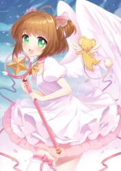 Rule 34 | 1boy, 1girl, ahoge, animal, cardcaptor sakura, dress, feathered wings, green eyes, holding, holding wand, kero (cardcaptor sakura), kinomoto sakura, looking at viewer, magical girl, medium hair, moorina, open mouth, outdoors, short sleeves, short twintails, smile, star (symbol), thigh strap, twintails, wand, white dress, wings