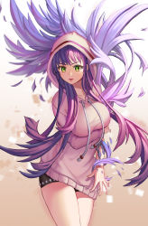 Rule 34 | 1girl, :d, absurdres, bad id, bad pixiv id, beige background, blue hair, breast hold, breasts, collarbone, cowboy shot, female focus, gradient background, gradient hair, green eyes, highres, hood, hoodie, hyoin, large breasts, legs together, long hair, long sleeves, looking at viewer, motion blur, multicolored hair, open mouth, original, pink hair, pink lips, purple hair, scales, shorts, smile, solo, very long hair